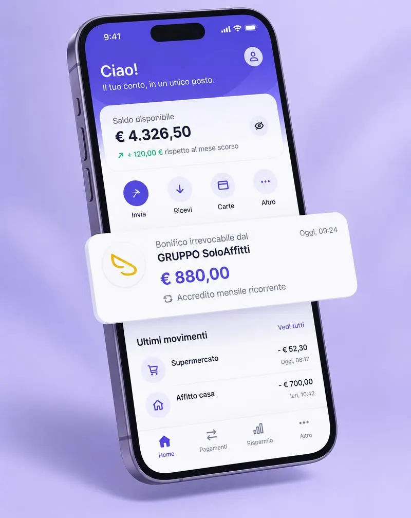 App SoloAffittiPAY con notifica di bonifico mensile da 880 euro